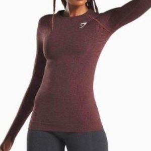 GYMSHARK VITAL SEAMLESS LONG SLEEVE FULL LENGTH TOP CHERRY BROWN MARL SIZE S